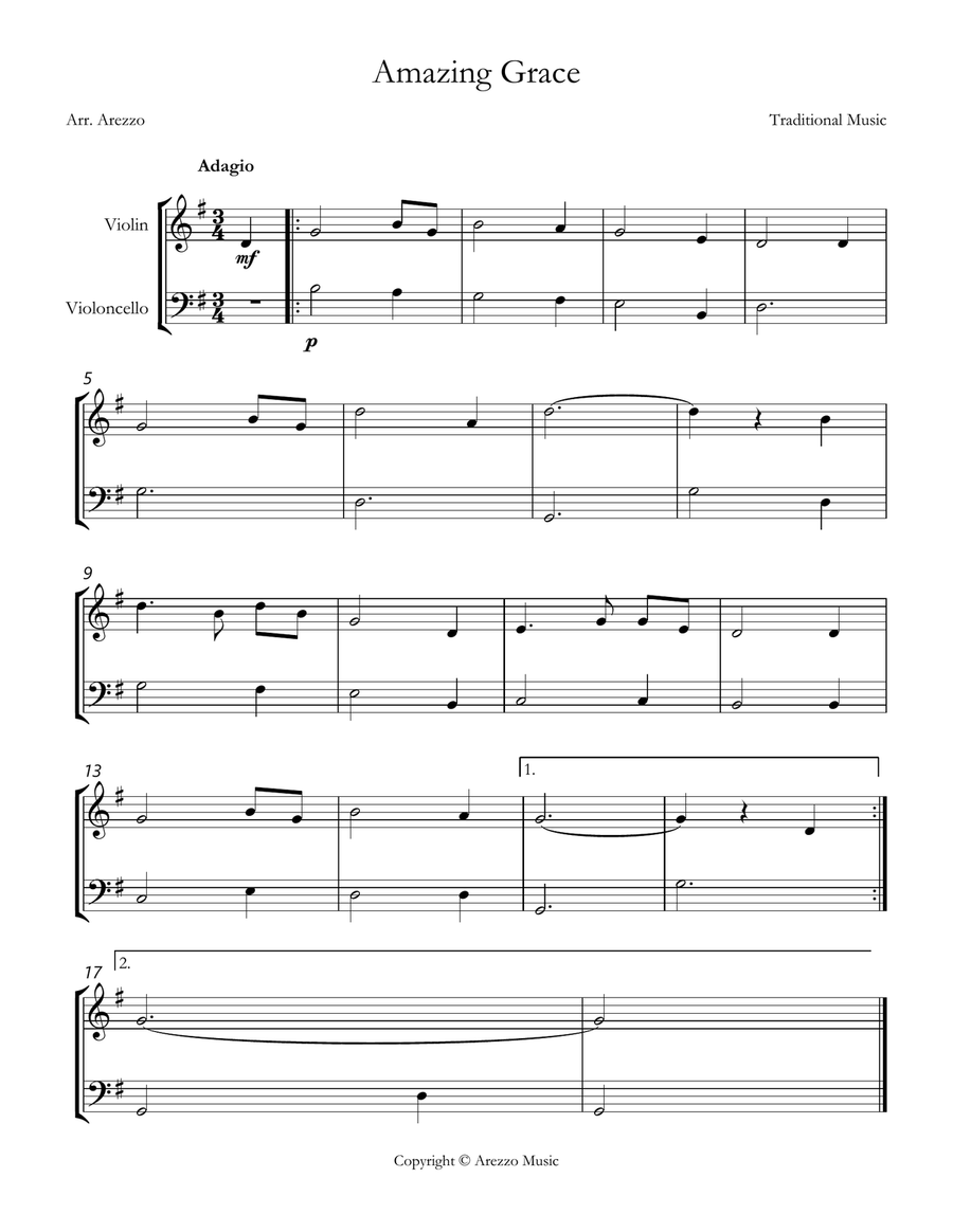 Book cover for John Newton Amazing Grace Easy Violin and Cello Sheet Music g major