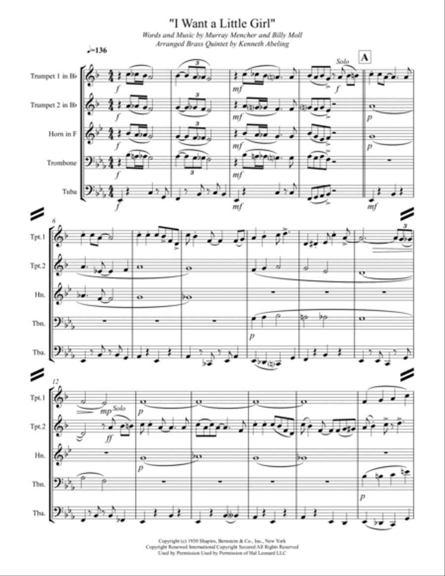 I Want A Little Girl Brass Ensemble scores gallery preview page 2