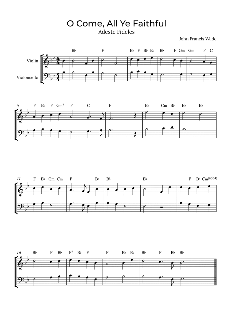 O Come, All Ye Faithful - Violin and cello with chords Piano Trio scores gallery preview page 1