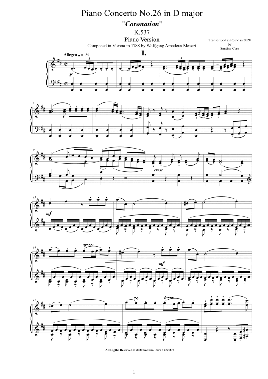 Mozart - Piano Concerto No.26 in D major 'Coronation' K.537 - Piano Version Piano Solo scores gallery preview page 1