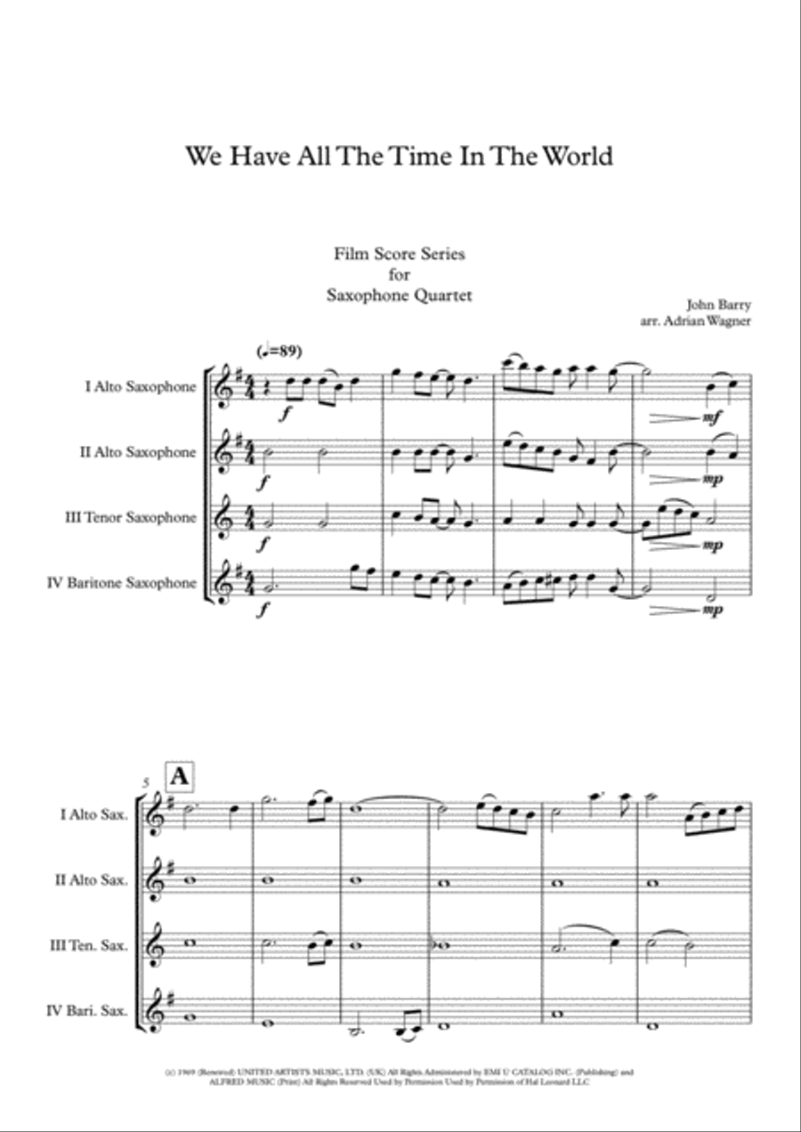 We Have All The Time In The World Saxophone Quartet scores gallery preview page 3