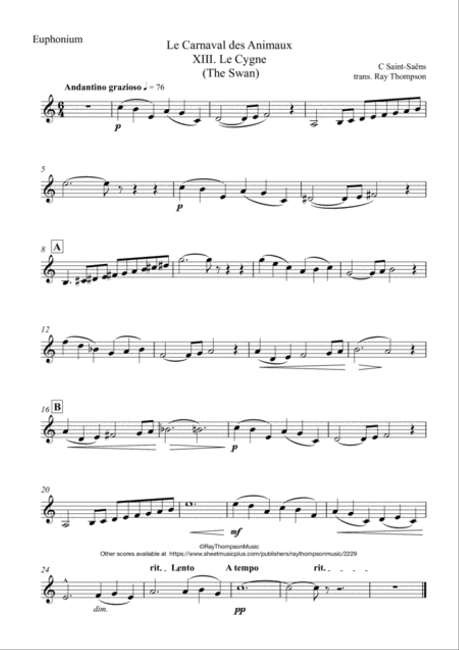 Saint-Saëns: Le Carnaval des Animaux XIII. Le Cygne (The Swan) - euphonium/piano Euphonium scores gallery preview page 5