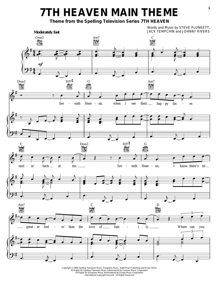 7th Heaven Main Theme Piano, Vocal, Guitar scores gallery preview page 1