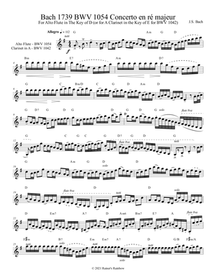 Book cover for Bach 1739 BWV 1054 Alto Flute Concerto in D or BWV 1042 Clarinet Concerto in D for A Clarinet