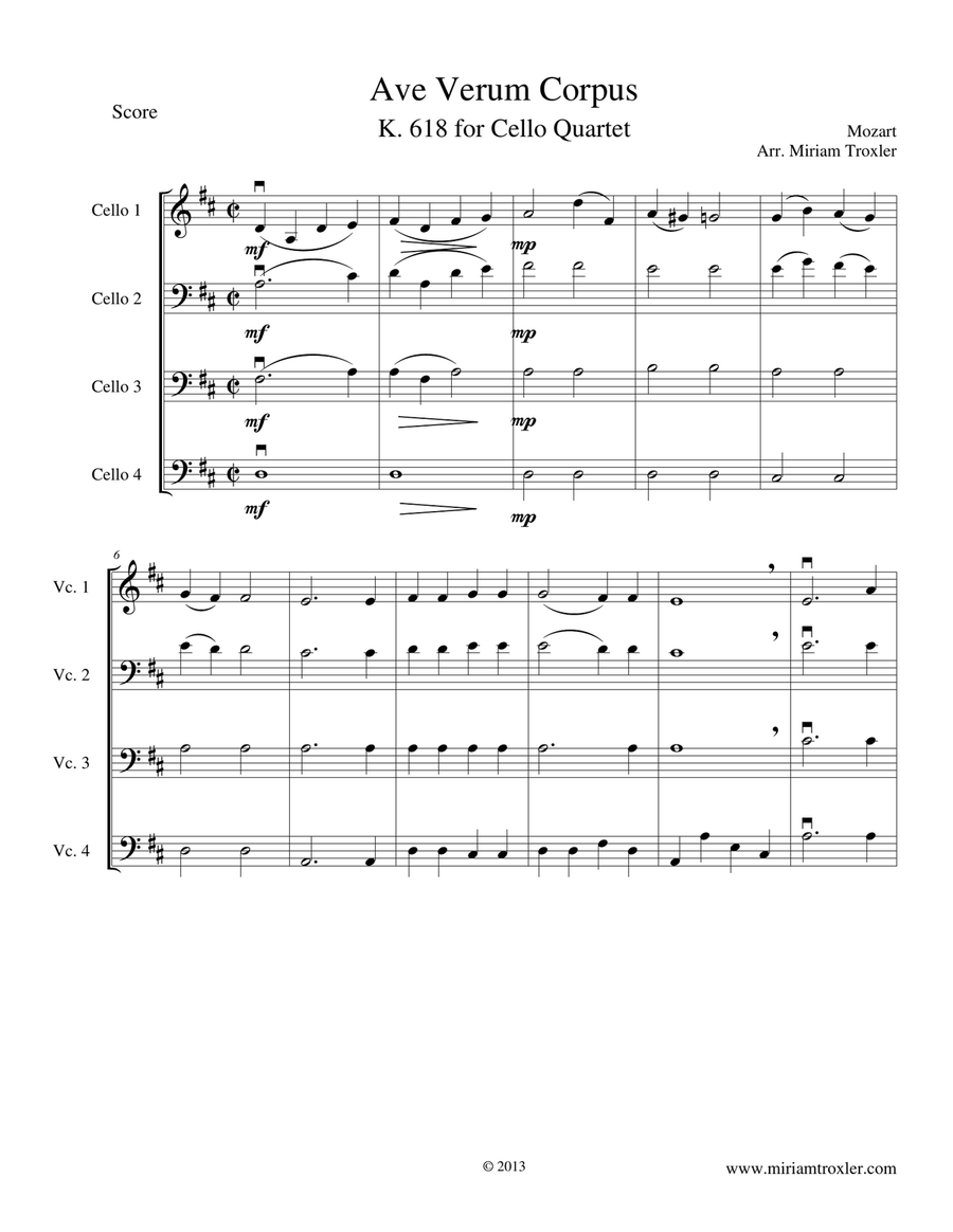 Ave Verum Corpus for Cello Quartet String Orchestra scores gallery preview page 1