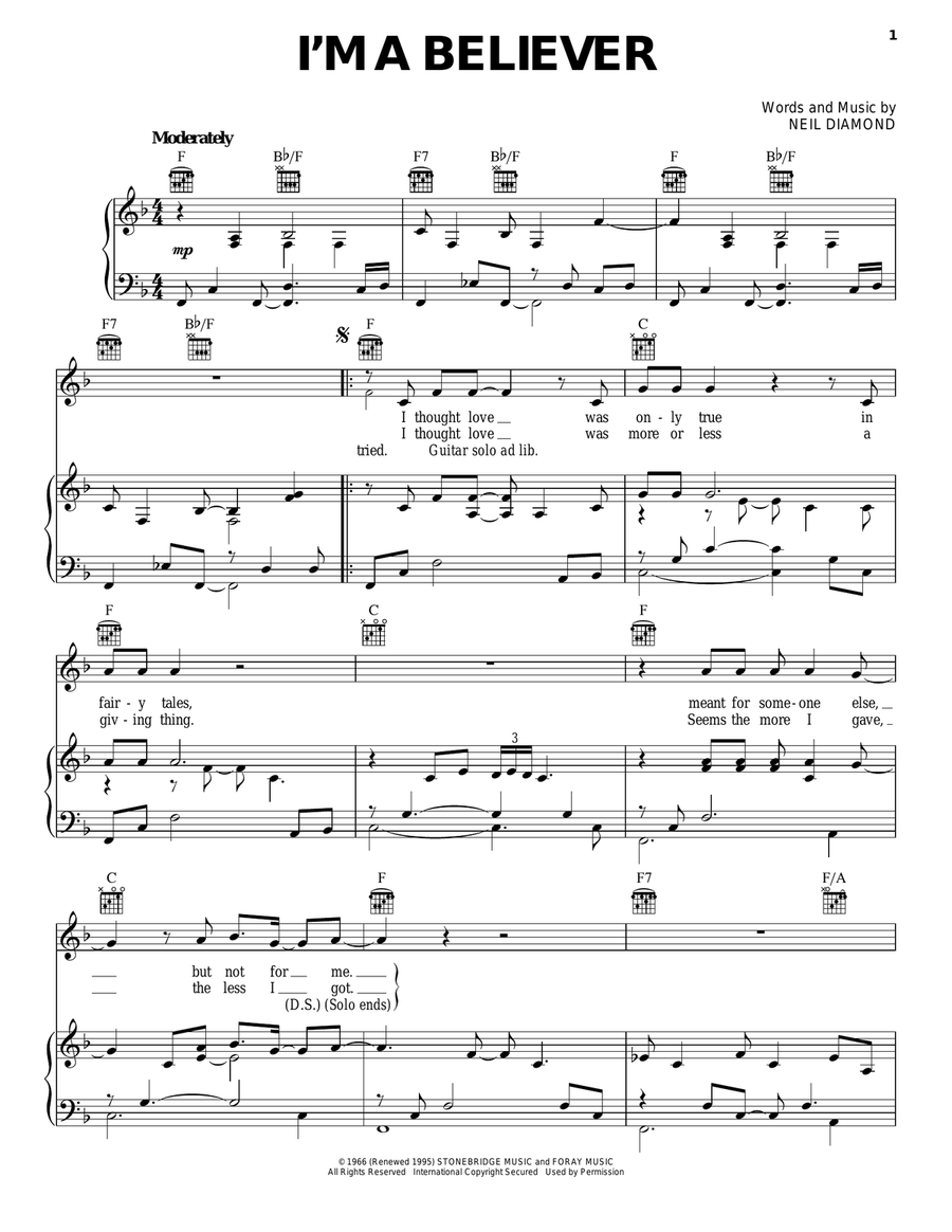 I'm A Believer Piano, Vocal, Guitar scores gallery preview page 1
