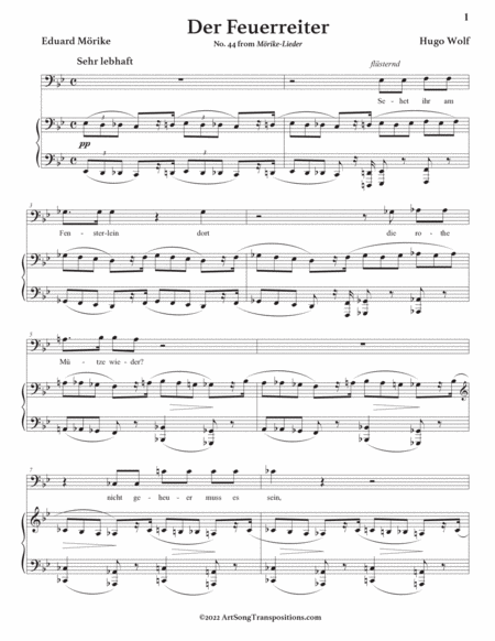 WOLF: Der Feuerreiter (transposed to G minor, bass clef)