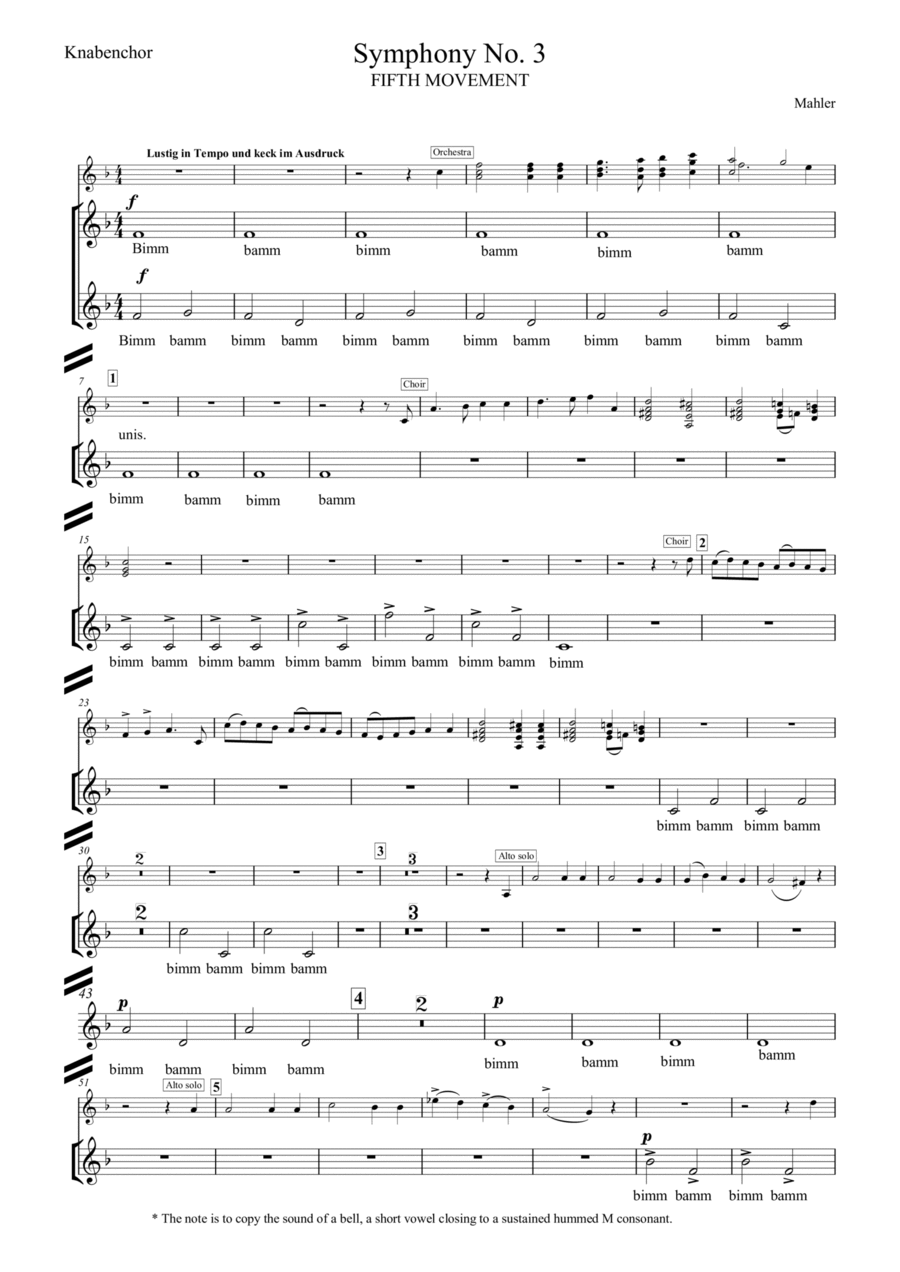 Children's Chorus (Knabenchor) part for Mahler Symphony 3 Fifth Movement Unison Choir scores gallery preview page 1