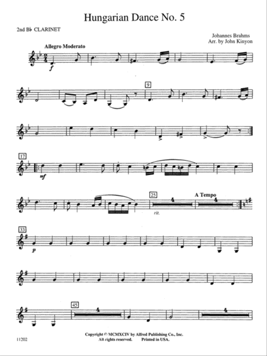 Hungarian Dance No. 5: 2nd B-flat Clarinet Concert Band scores gallery preview page 1