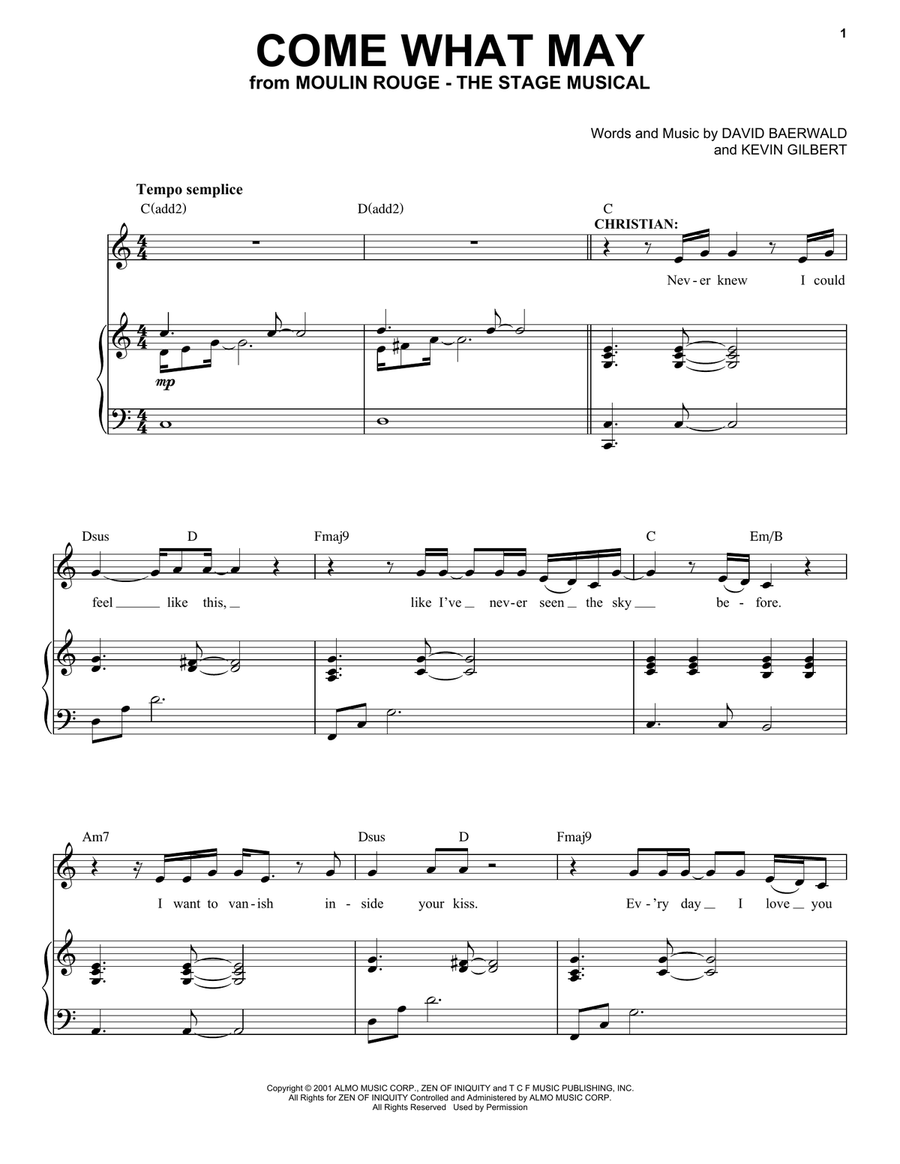 Come What May (from Moulin Rouge! The Musical) Voice scores gallery preview page 1