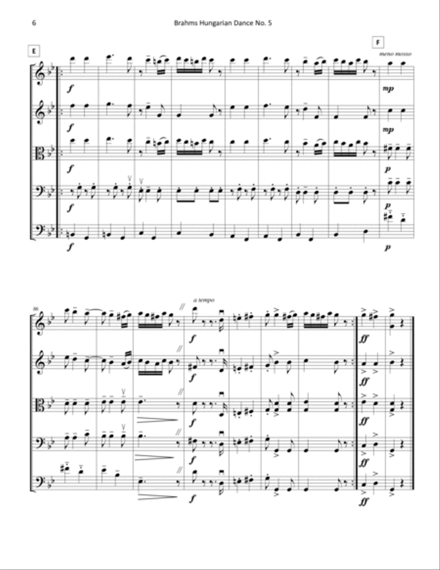 Hungarian Dance No. 5, by Johannes Brahms, for string quintet or string orchestra String Orchestra scores gallery preview page 6