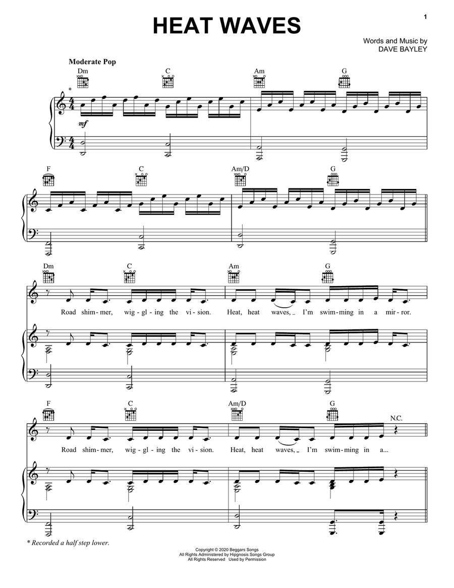 Heat Waves Piano, Vocal, Guitar scores gallery preview page 1