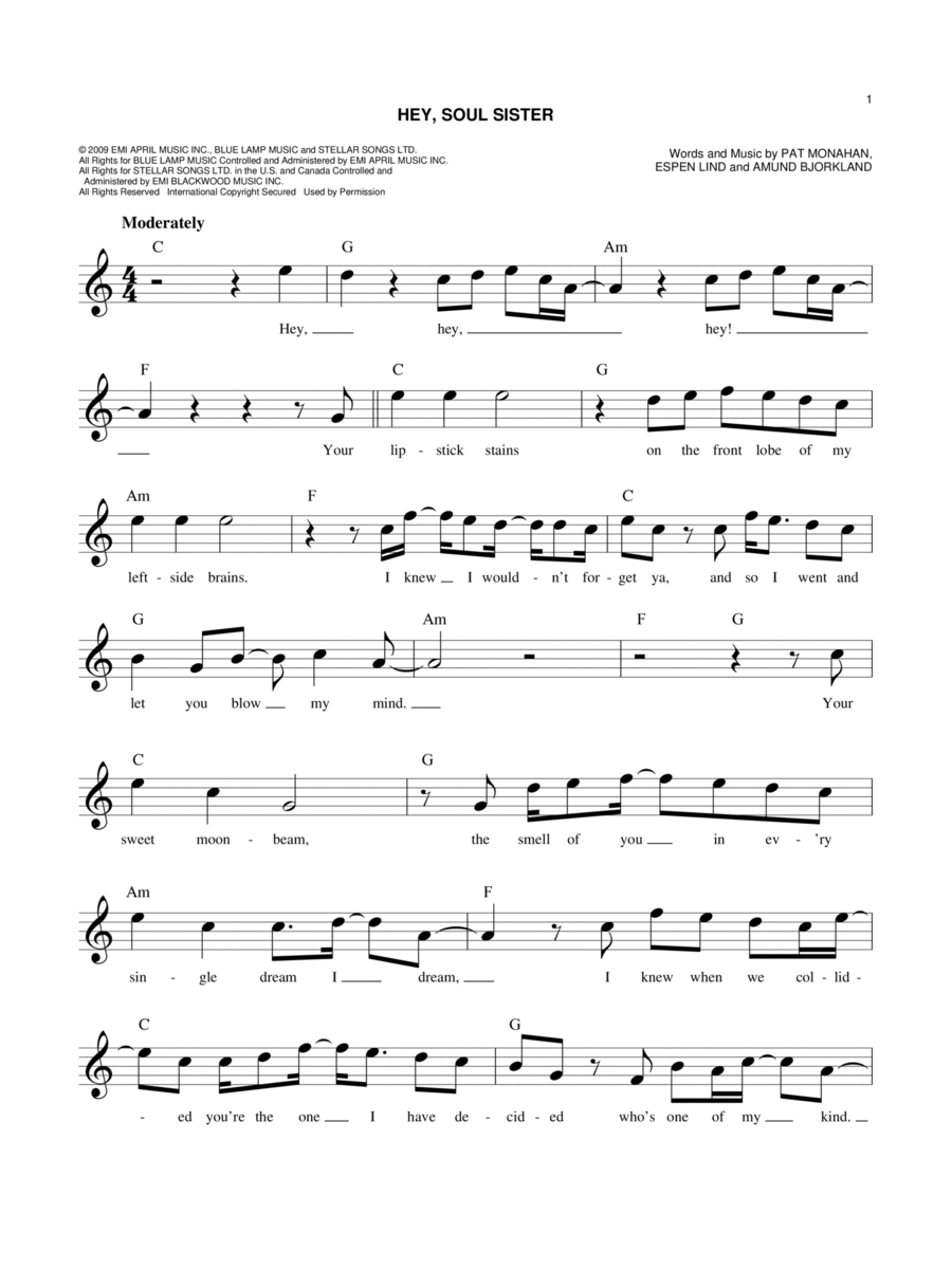 Hey, Soul Sister Piano scores gallery preview page 1