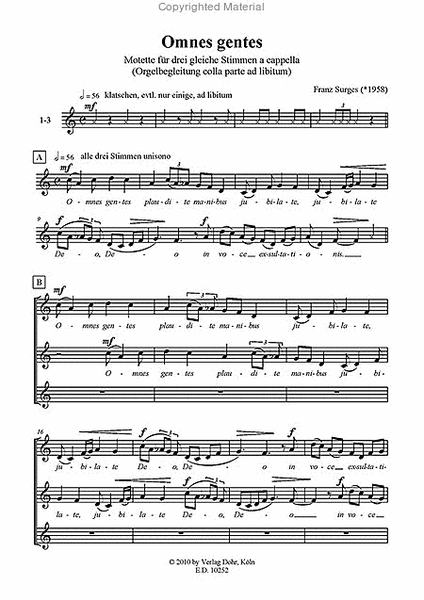 Omnes gentes (2009) -Motette für drei gleiche Stimmen a cappella (Orgel ad lib.)- (3. Preis beim Kompositionswettbewerb 2009 der "Freunde der Eichstätter Dommusik e.V.")