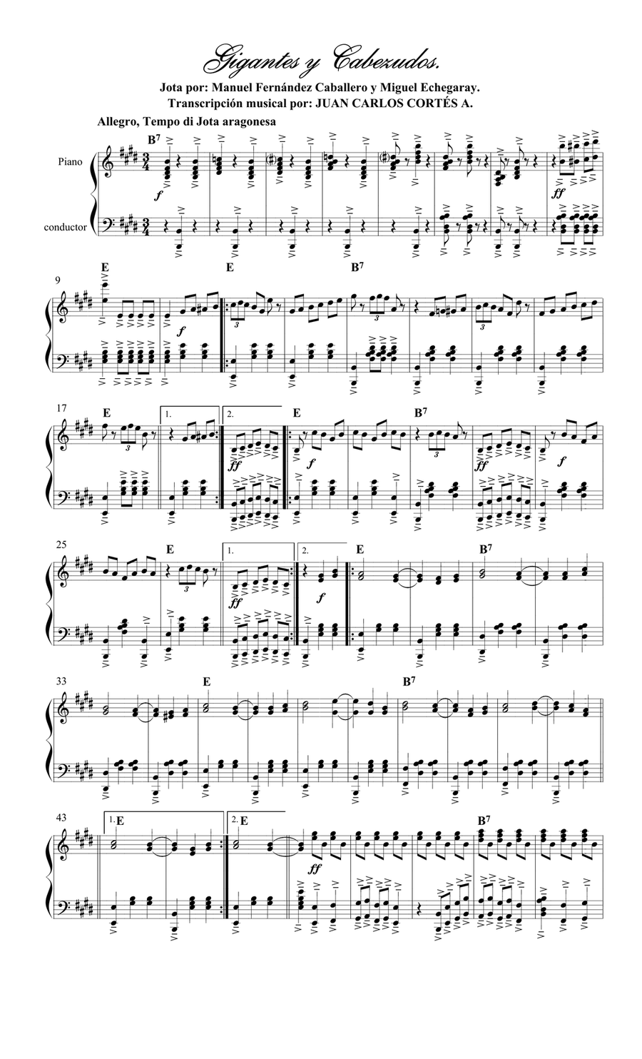 Jota de Gigantes y Cabezudos por: Manuel Fernández Caballero y Miguel Echegaray y Eizaguirre. Piano Solo scores gallery preview page 1