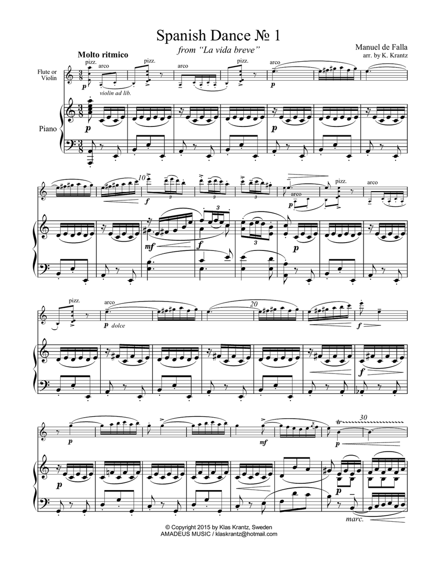 Spanish Dance No. 1, Danza from La vida breve for violin or flute and piano Flute scores gallery preview page 2