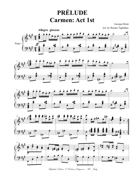 PRELUDE - From Carmen - Act 1st. - Bizet - Arr. for Piano image number null