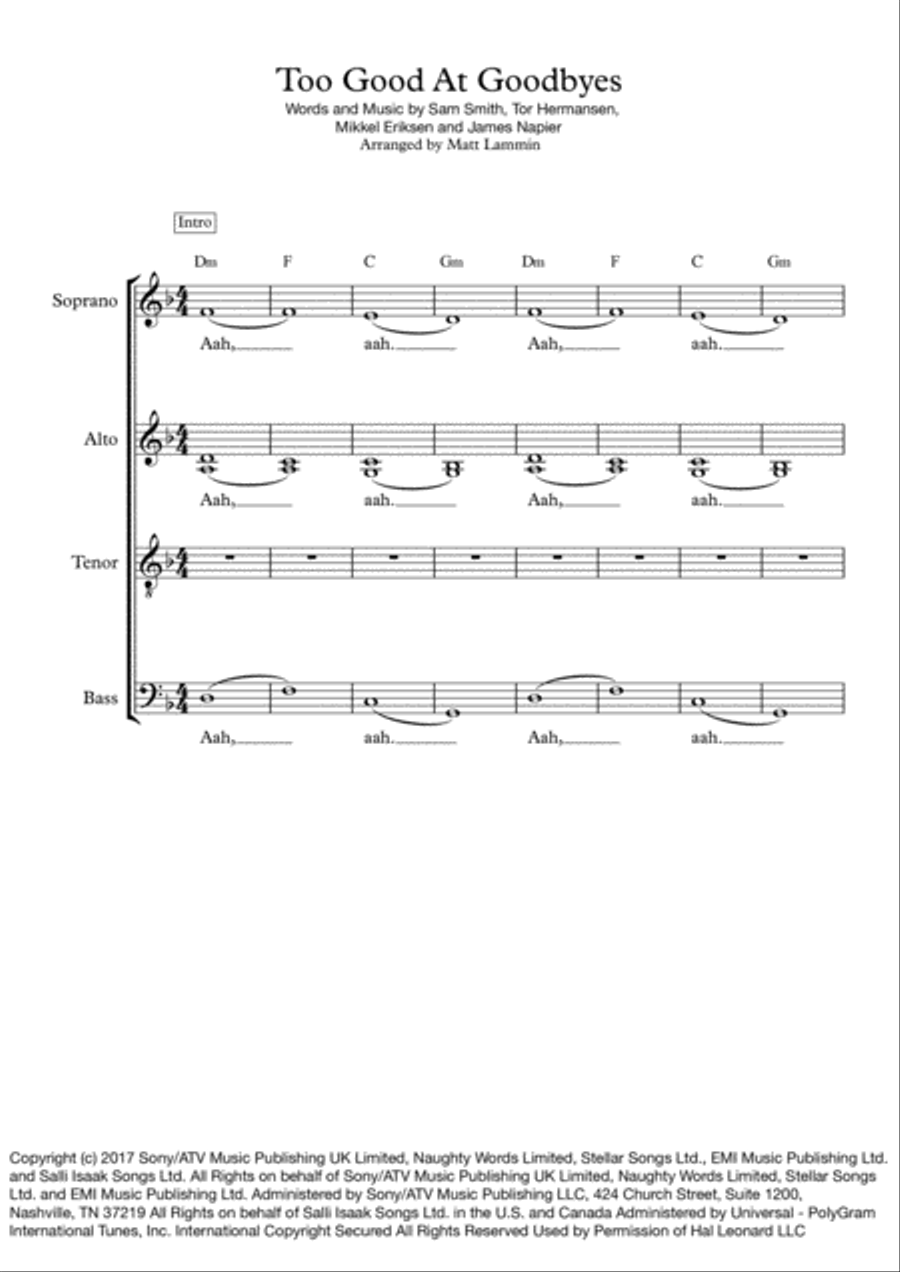 Too Good At Goodbyes 4-Part scores gallery preview page 1