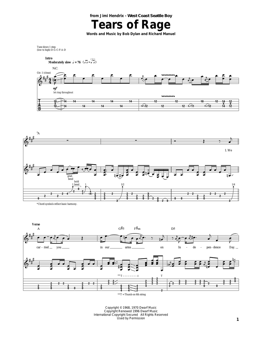 Tears Of Rage Guitar Tablature scores gallery preview page 1
