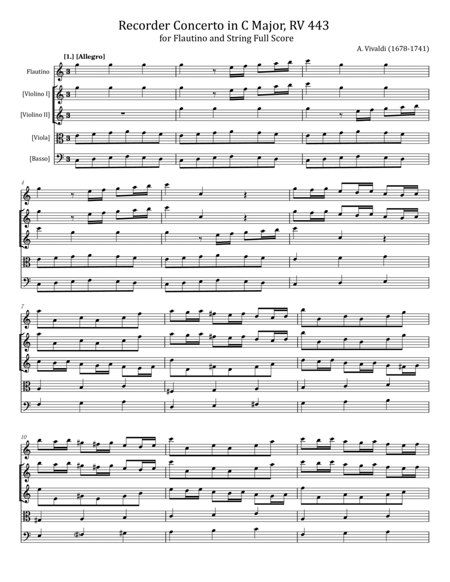 Vivaldi - Recorder Concerto in C major, RV 443 - for Flautino and Strings Original Full Score Flute scores gallery preview page 1
