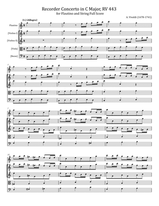 Book cover for Vivaldi - Recorder Concerto in C major, RV 443 - for Flautino and Strings Original Full Score