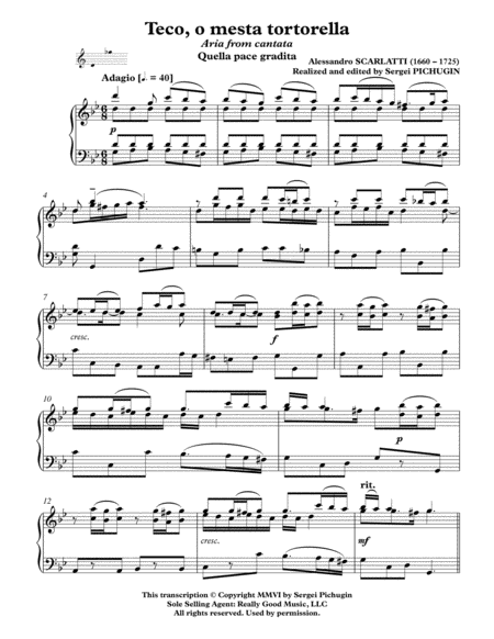 SCARLATTI Alessandro: Teco, o mesta tortorella, aria from solo cantata Quella pace gradita, arranged image number null