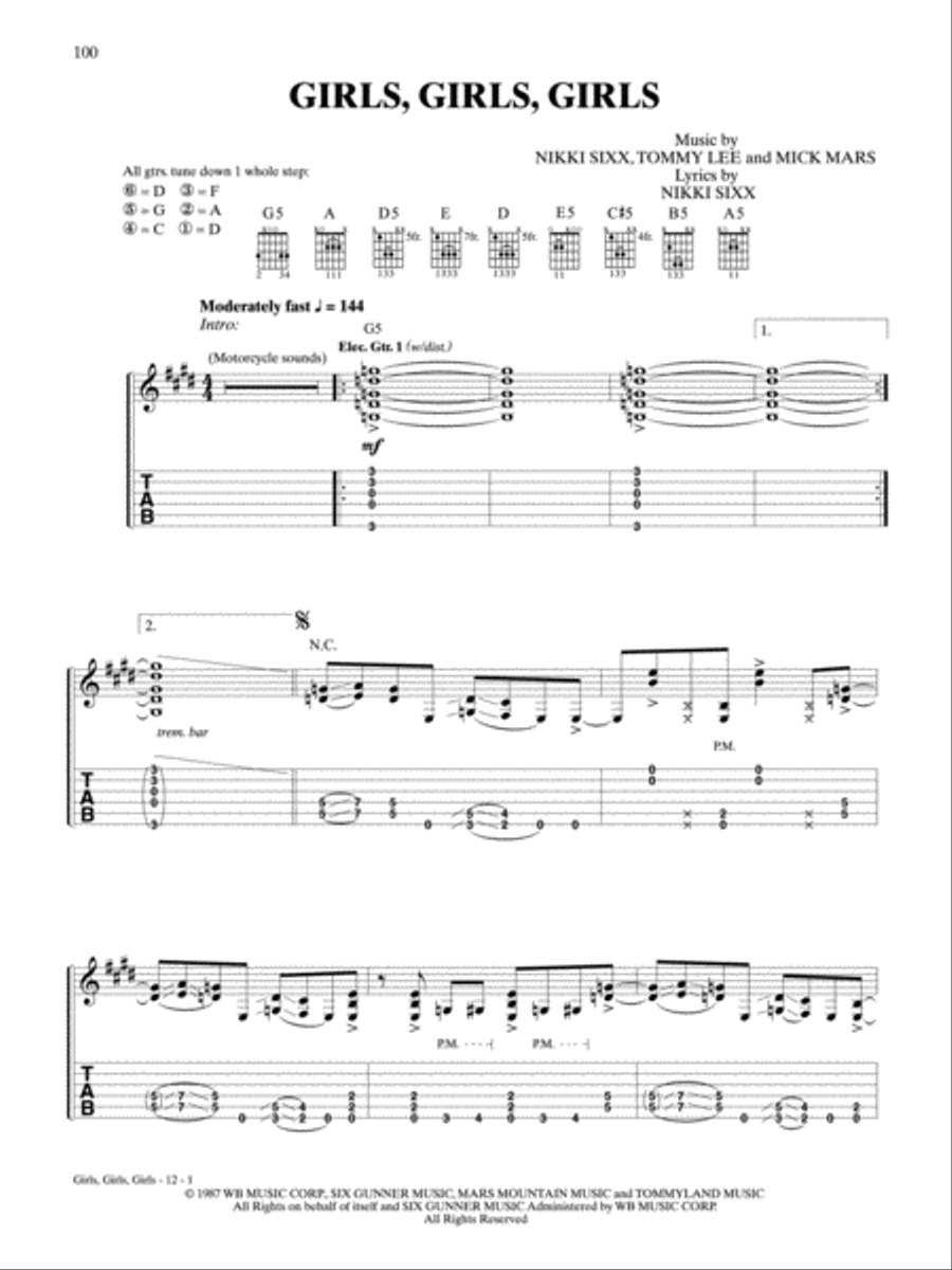 Girls, Girls, Girls Guitar Tablature scores gallery preview page 1