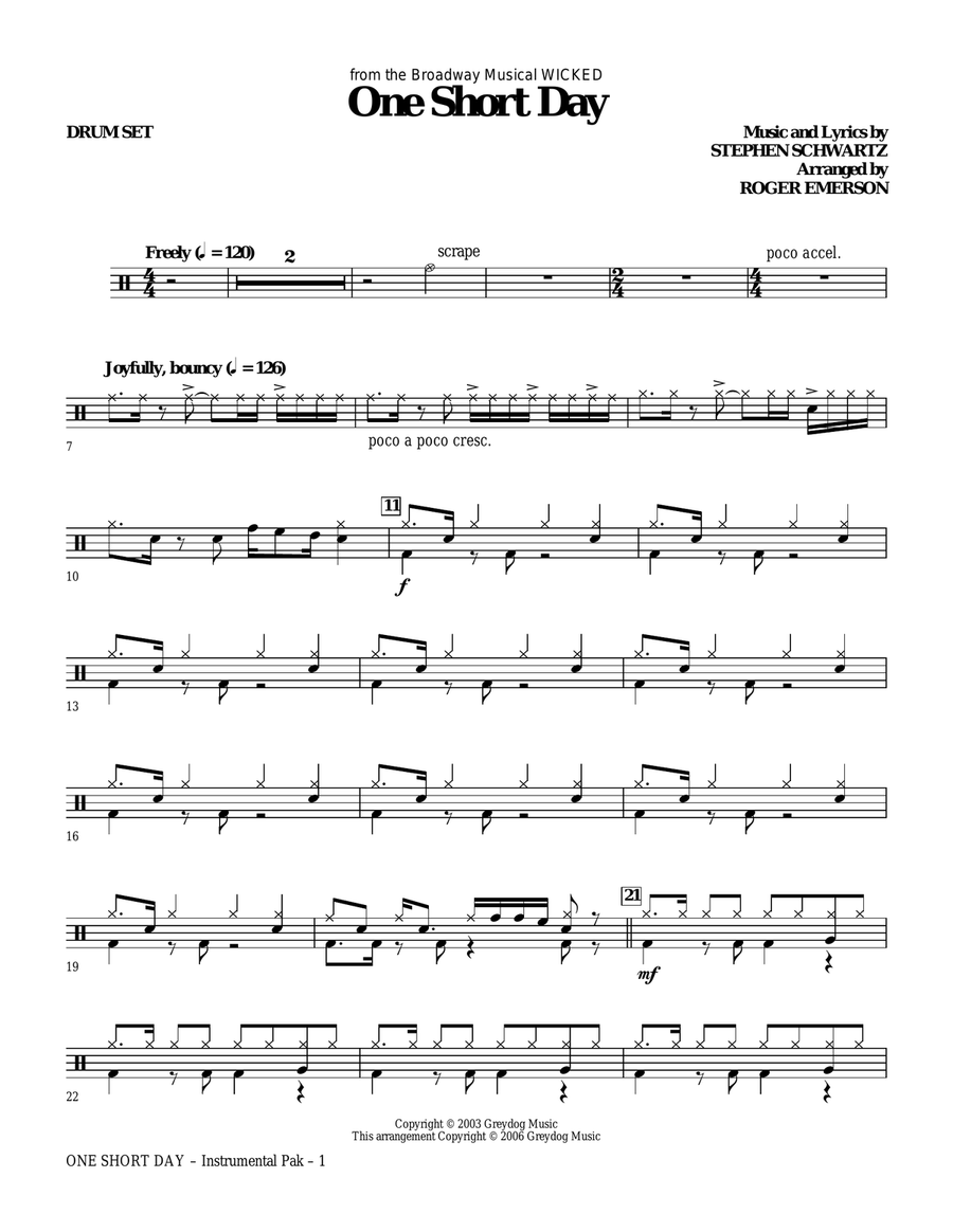 One Short Day - Drum Set Choir scores gallery preview page 1