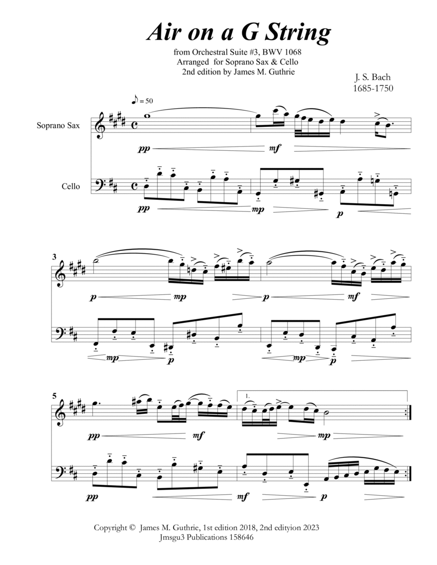 Bach: Air on a G String for Soprano Sax & Cello Soprano Saxophone scores gallery preview page 1