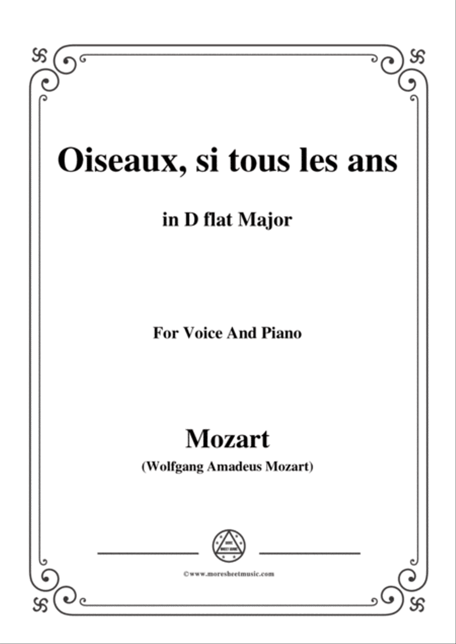 Mozart-Oiseaux,si tous les ans,in D flat Major,for Voice and Piano Voice Solo scores gallery preview page 1