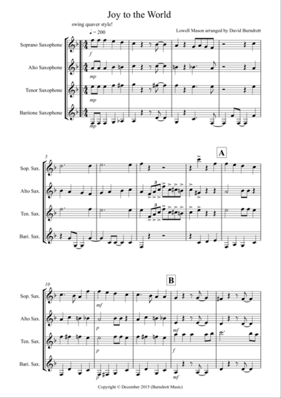 Joy to the World (Jazzy Style!) for Saxophone Quartet Saxophone Quartet scores gallery preview page 1