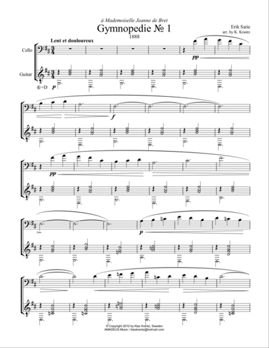 Gymnopedie (1,2,3) and Gnossienne (1,2,3+5) for cello and guitar String Duet scores gallery preview page 2