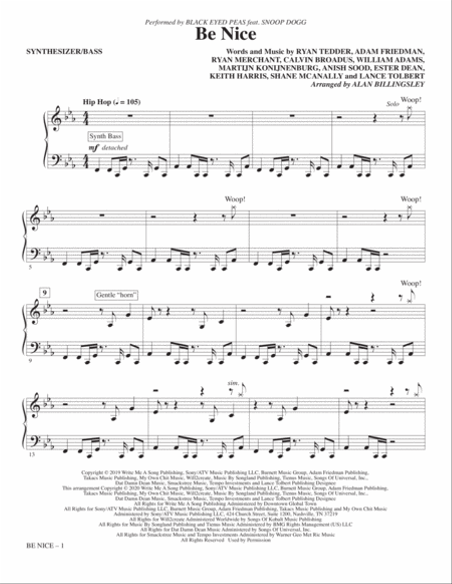Be Nice (feat. Snoop Dogg) (arr. Alan Billingsley) - Synthesizer & Bass Choir scores gallery preview page 1