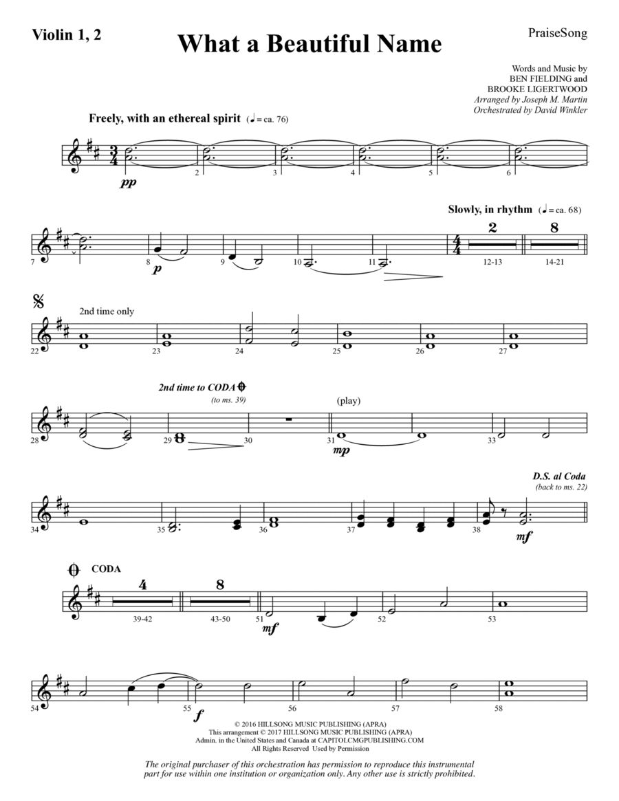 What a Beautiful Name (arr. Joseph M. Martin) - Violin 1, 2 Choir scores gallery preview page 1