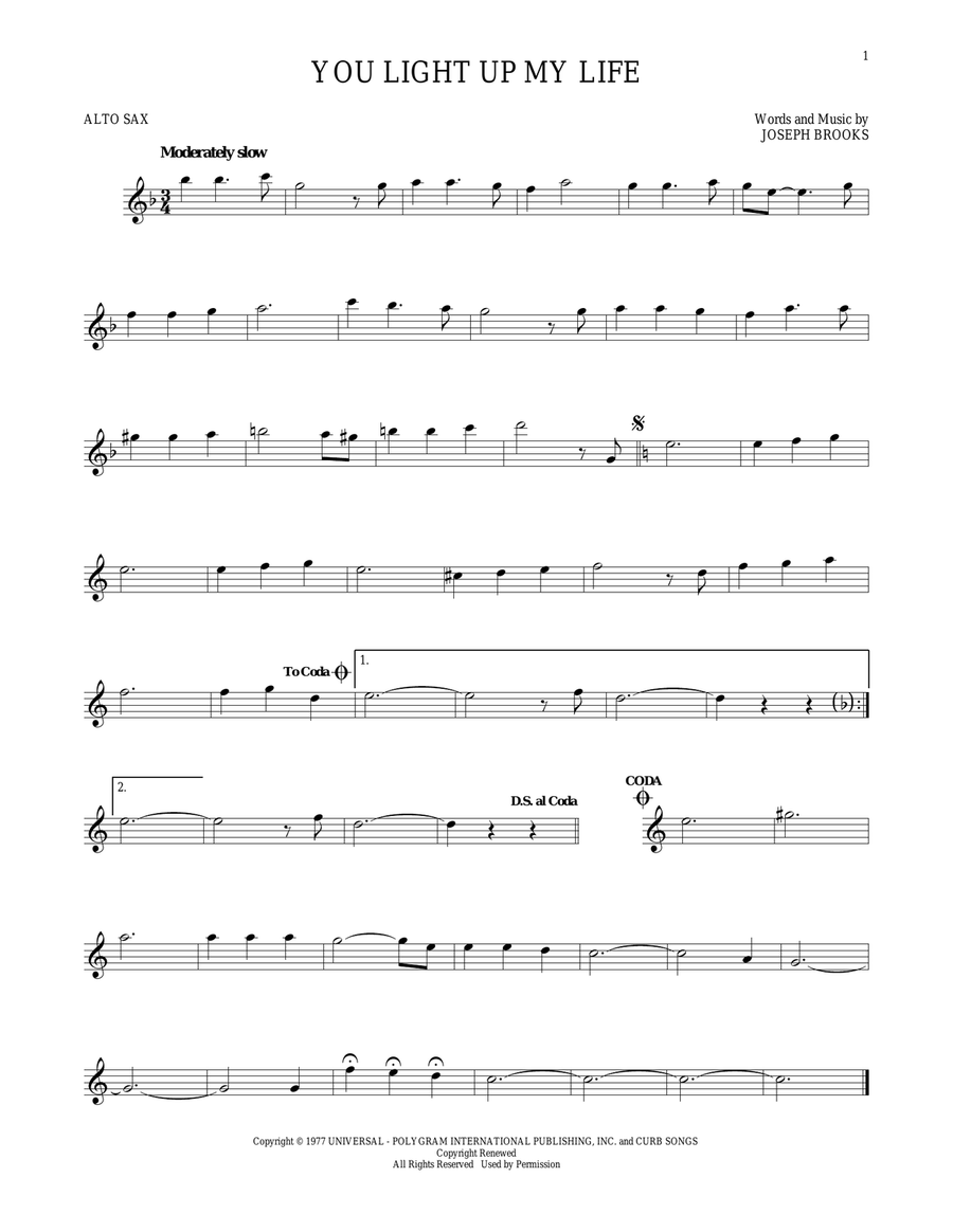 You Light Up My Life Alto Saxophone scores gallery preview page 1