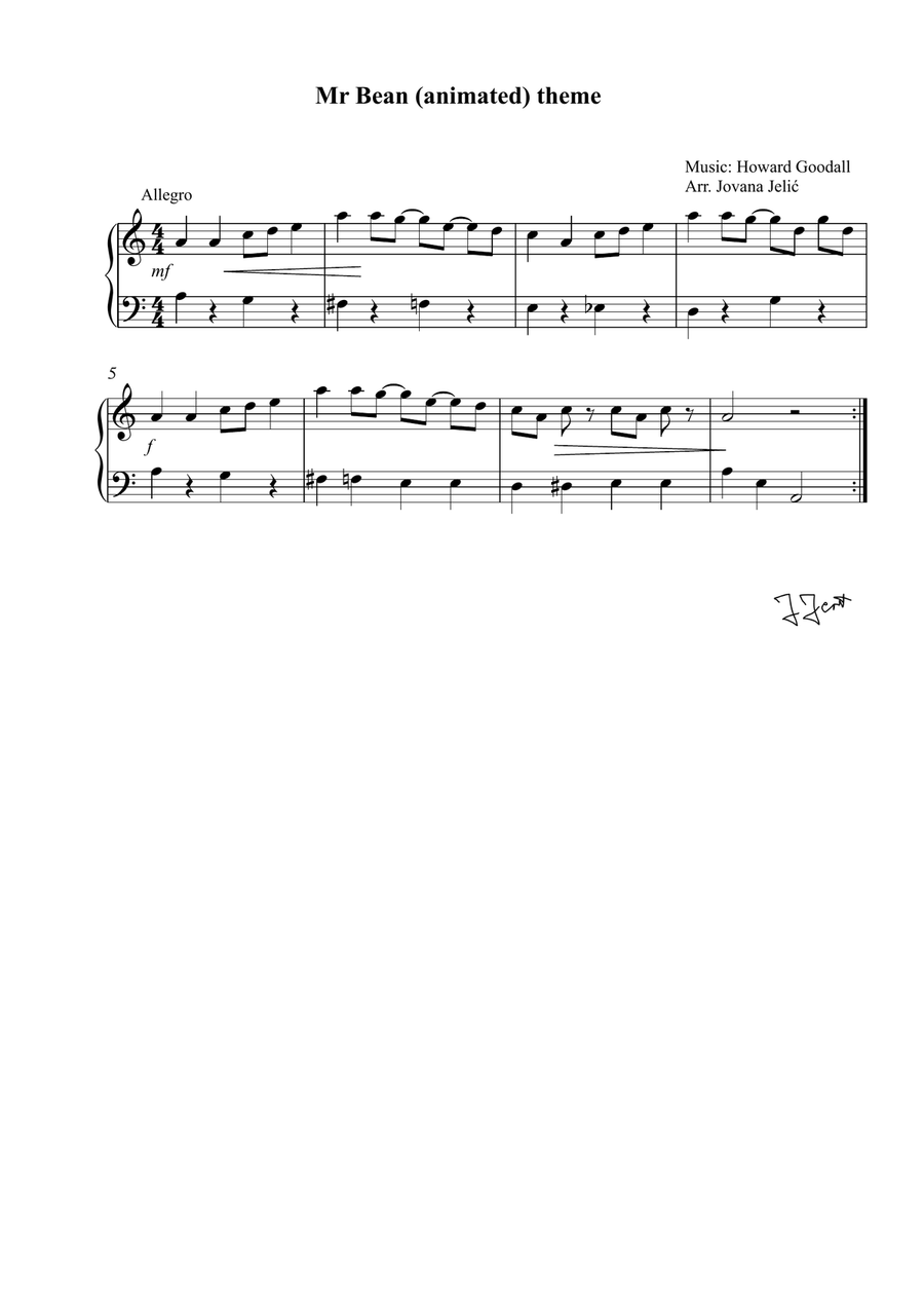 Mr Bean (animated) theme, piano Easy Piano scores gallery preview page 1