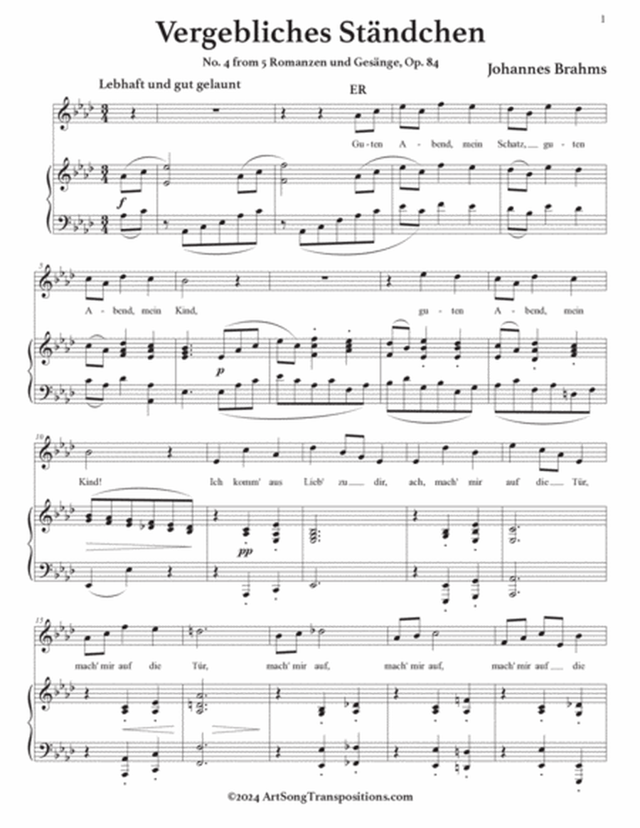 BRAHMS: Vergebliches Ständchen, Op. 84 no. 4 (transposed to A-flat major)