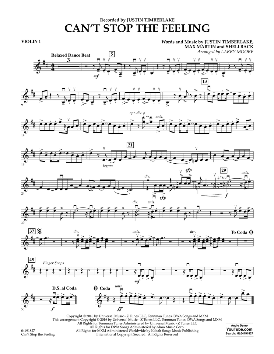 Can't Stop the Feeling - Violin 1 Orchestra scores gallery preview page 1