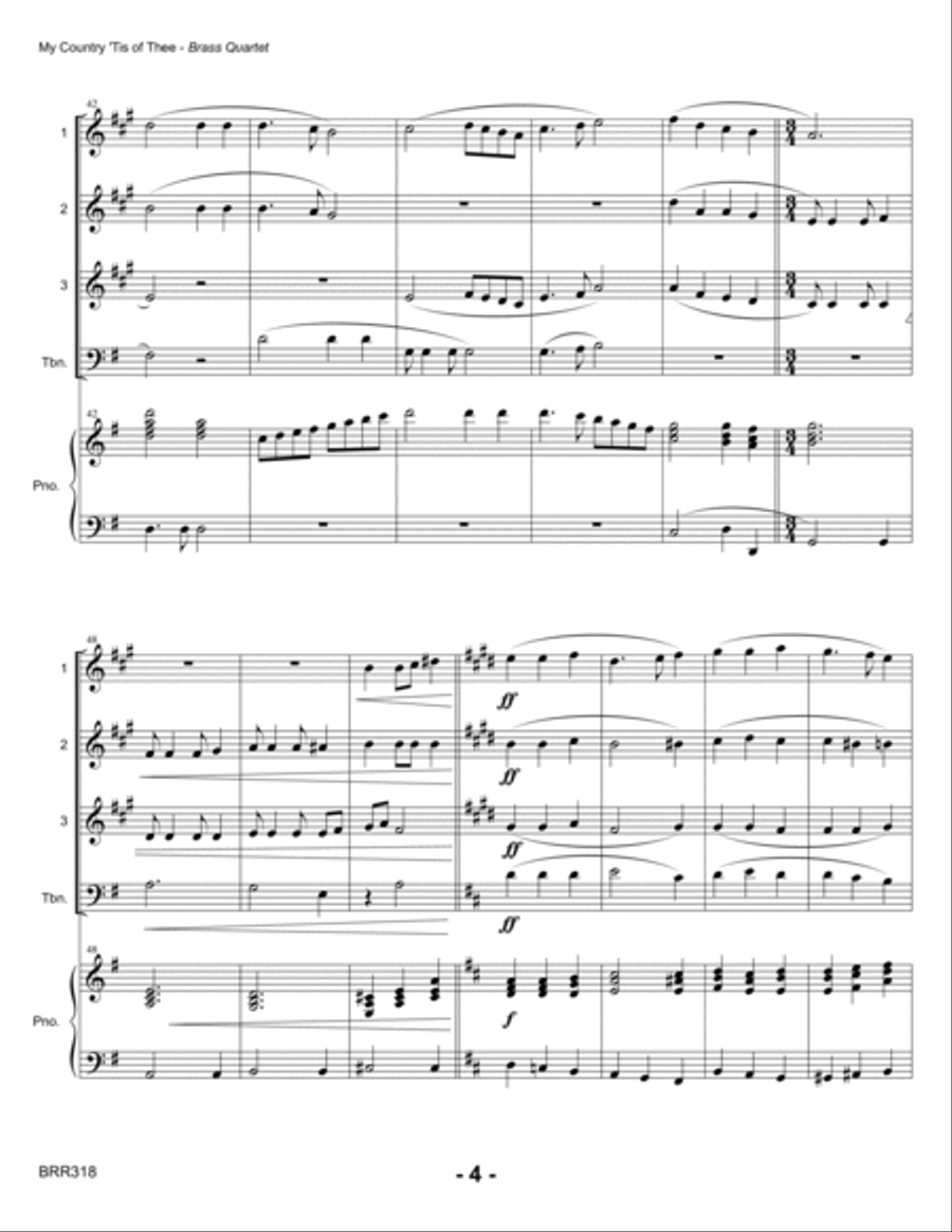 MY COUNTRY TIS OF THEE - BRASS QUARTET with Piano accompaniment Brass Quartet scores gallery preview page 4