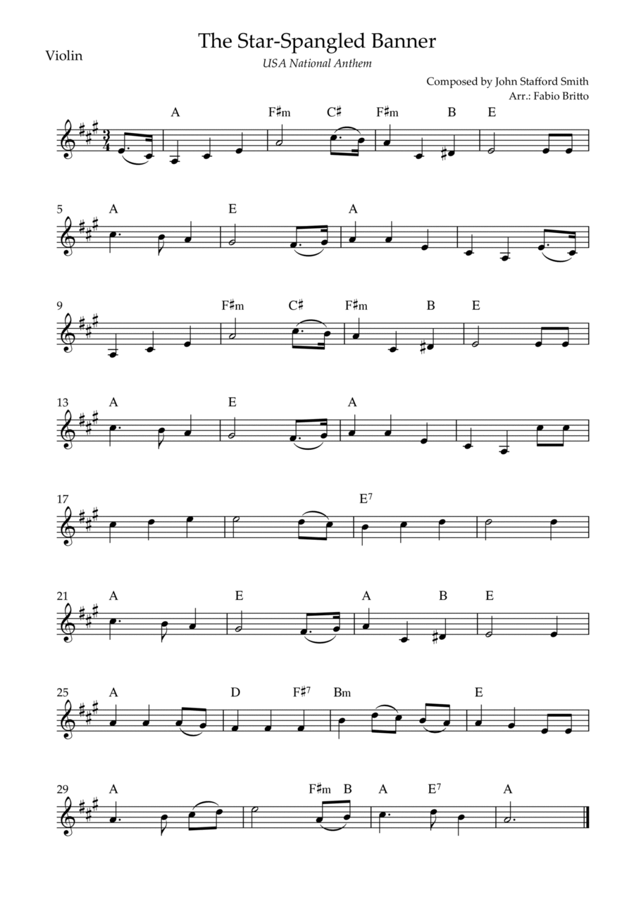 The Star Spangled Banner (USA National Anthem) for Violin Solo with Chords (A Major)