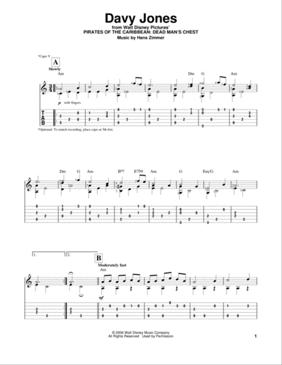 Davy Jones (from Pirates Of The Caribbean: Dead Man's Chest) Guitar Tablature scores gallery preview page 1