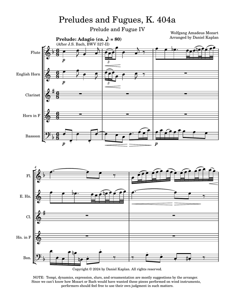 Mozart-Bach Prelude and Fugue IV from K.404a (arranged for woodwind quintet) Woodwind Quintet scores gallery preview page 1