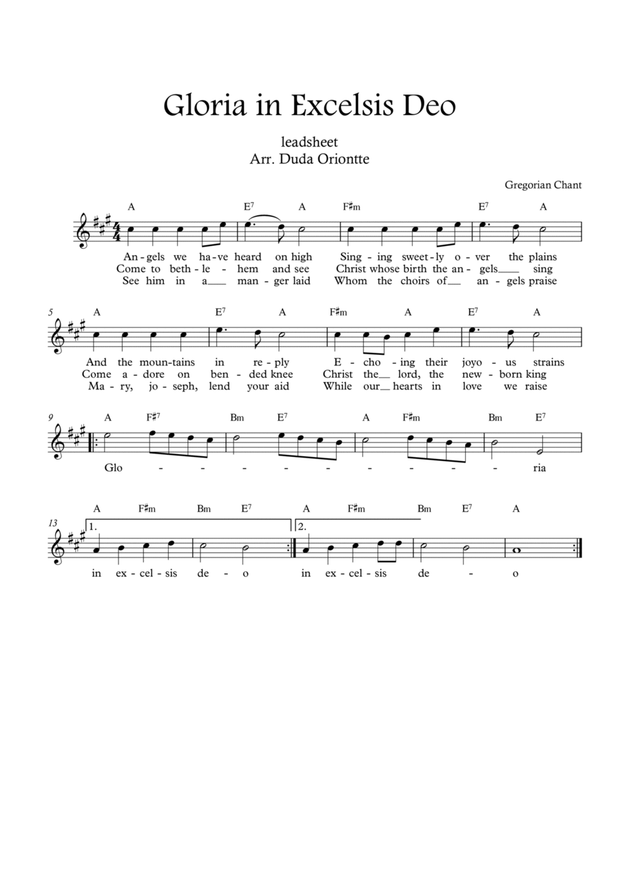 Gloria in excelsis Deo (A major - with lyrics) Easy Piano scores gallery preview page 1