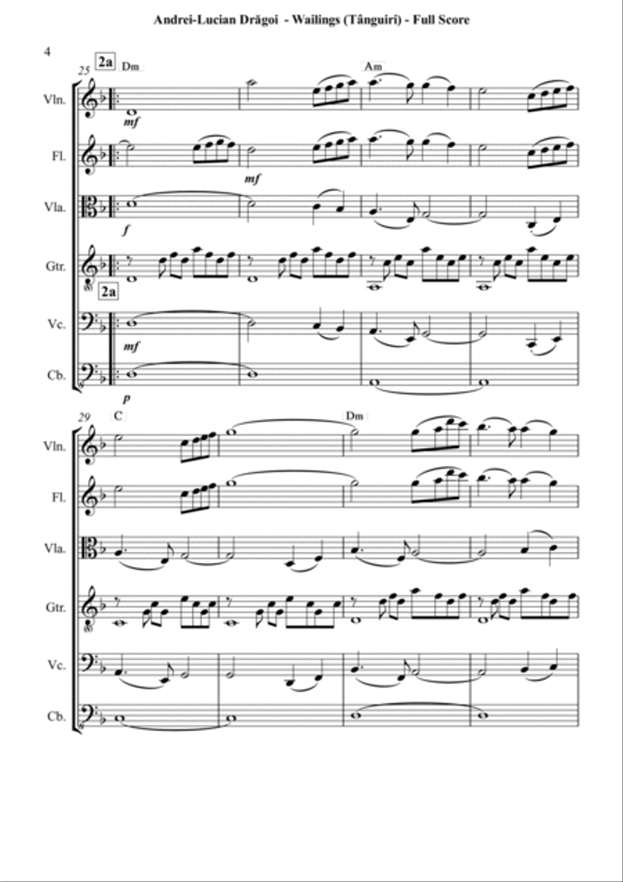 Wailings (Tânguiri) - miniature for violin, flute, viola, guitar (/piano/harp) cello and bass sexte Clarinet scores gallery preview page 4
