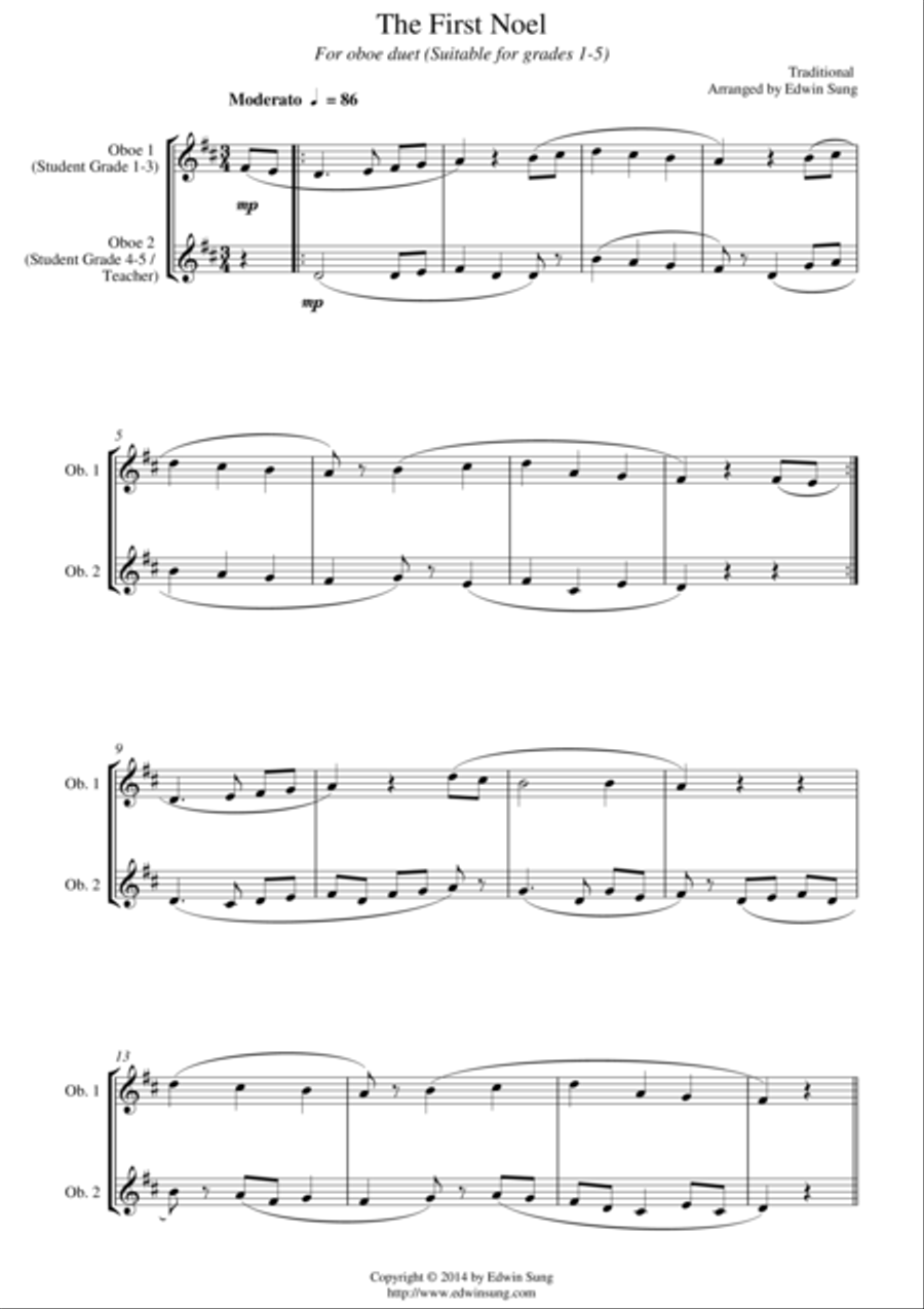 The First Noel (for oboe duet, suitable for grades 1-5) Woodwind Duet scores gallery preview page 1