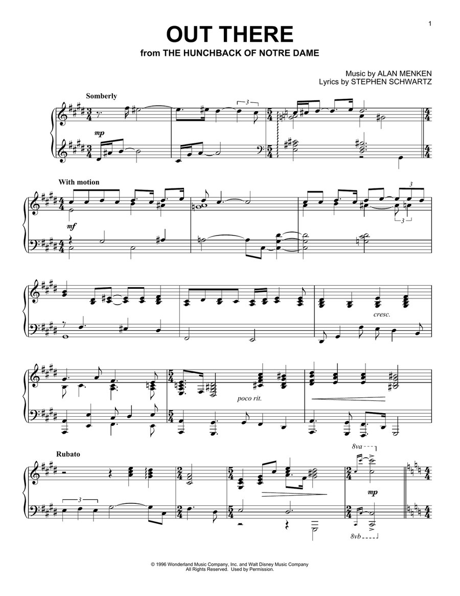 Out There (from Disney's The Hunchback Of Notre Dame) Piano Solo scores gallery preview page 1
