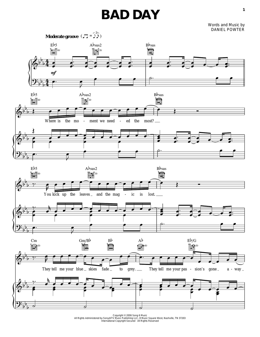 Bad Day Piano, Vocal, Guitar scores gallery preview page 1