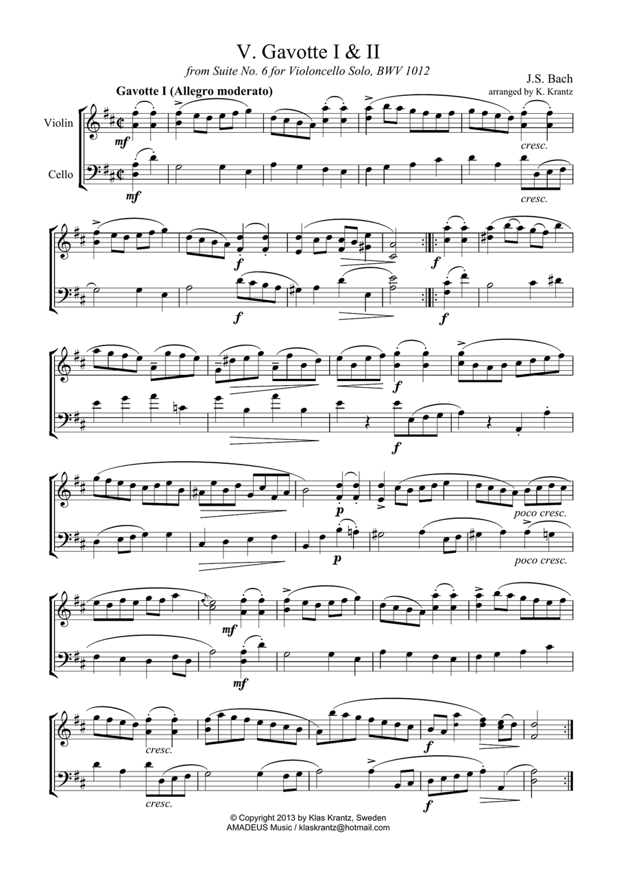 Gavotte 1 & 2 BWV 1012 for violin and cello String Duet scores gallery preview page 1