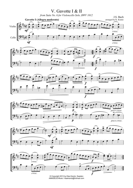 Gavotte 1 & 2 BWV 1012 for violin and cello image number null