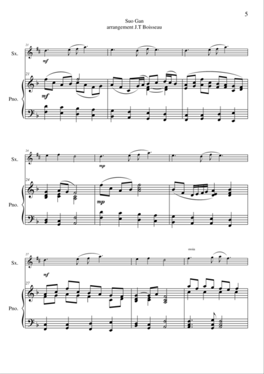 Traditional Welsh Lullaby: Suo Gân, arranged for Eb alto saxophone and piano by Jean-Thierry Boissea Alto Saxophone scores gallery preview page 5
